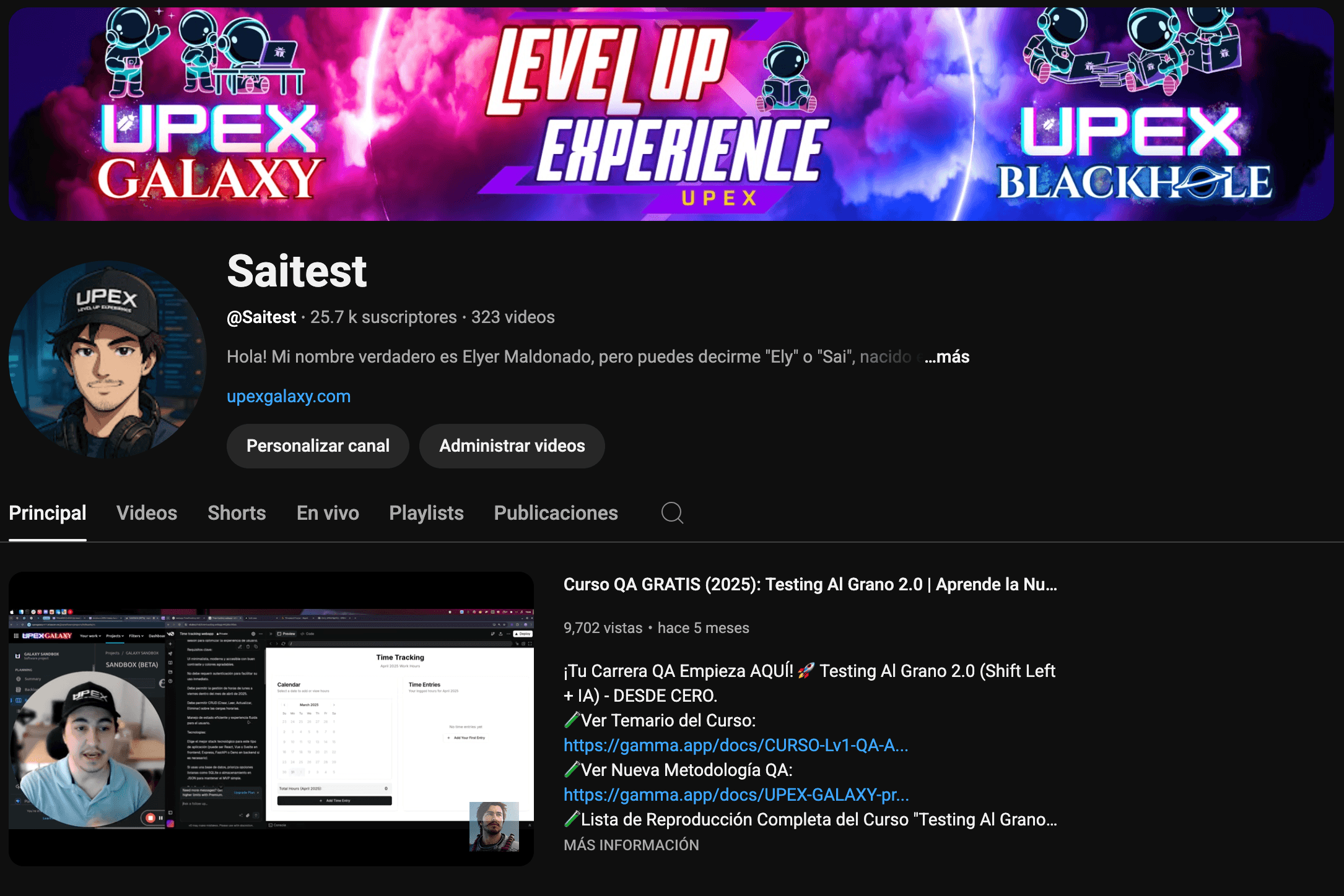 Estadísticas del canal oficial de YouTube - UPEX Galaxy